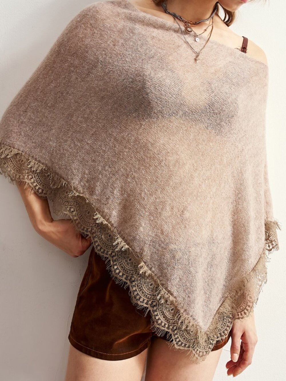 Khaki Casual Women's Contrast Lace Asymmetrical Crop Poncho
